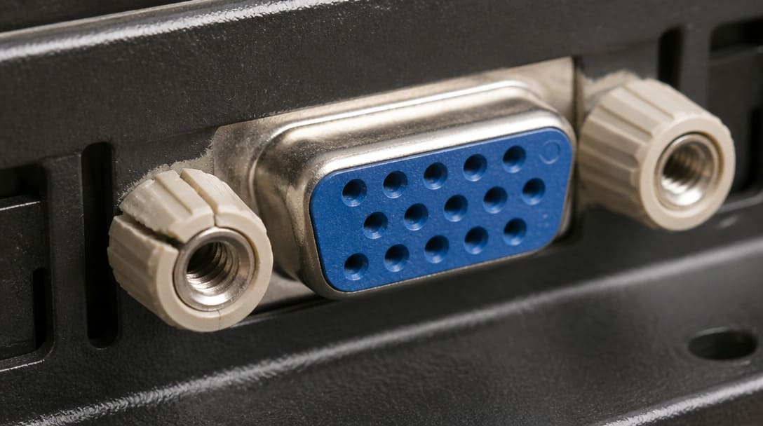 Cracked plastic standoff on VGA connector from overtorqued screwlocks into mismatched panel thread.