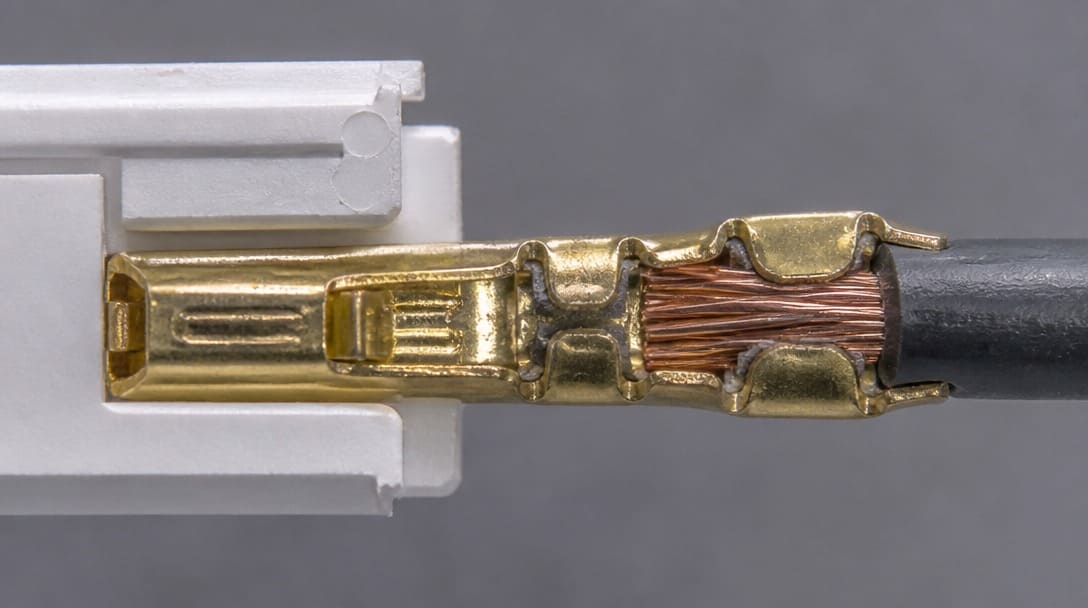 Crimp contact inserted into JST XH 2.50mm housing with wire gauge and insulation diameter shown for retention check