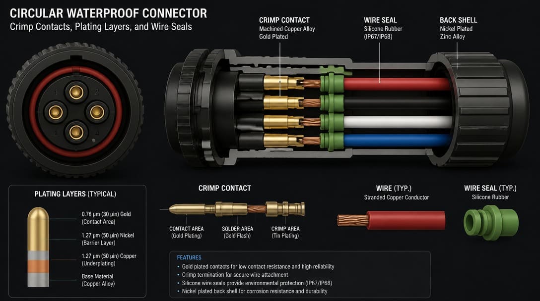 Crimp contacts, plating layers, and wire seals inside circular waterproof connector