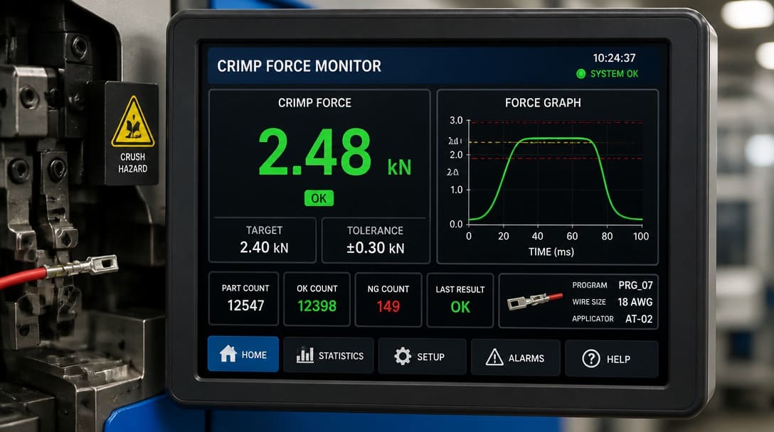 Crimp force monitoring display with digital readout on automated wire processing equipment