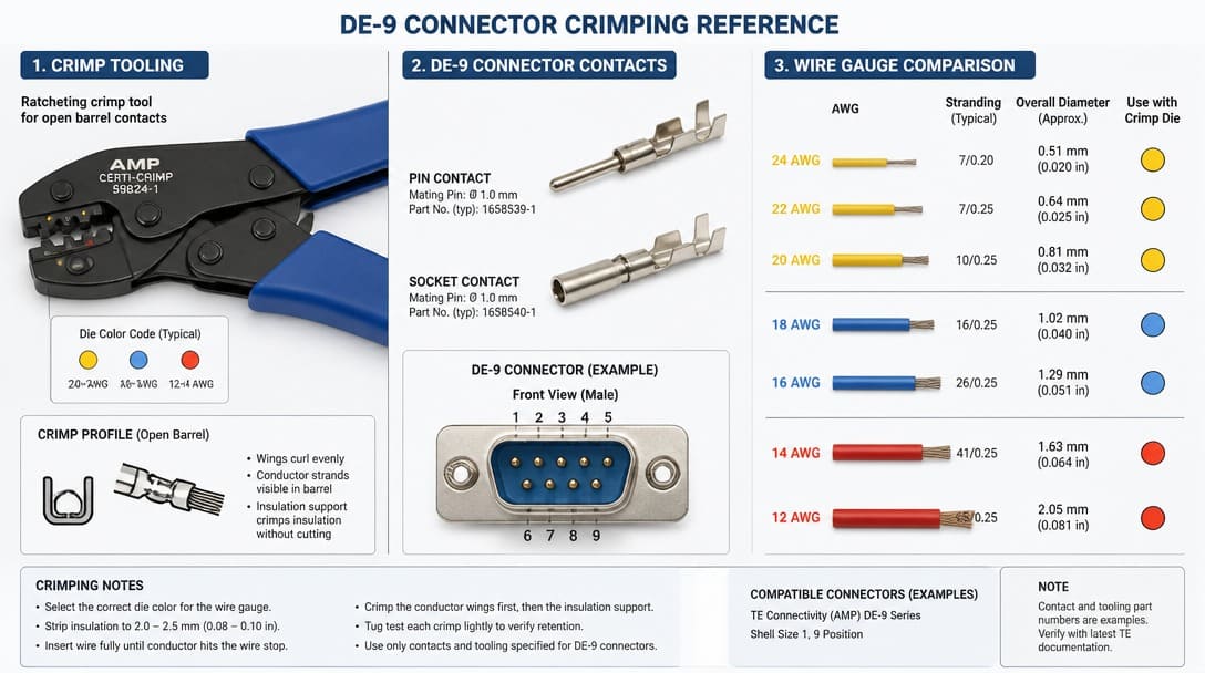 Crimp tooling and DE 9 connector contacts with wire gauge comparison