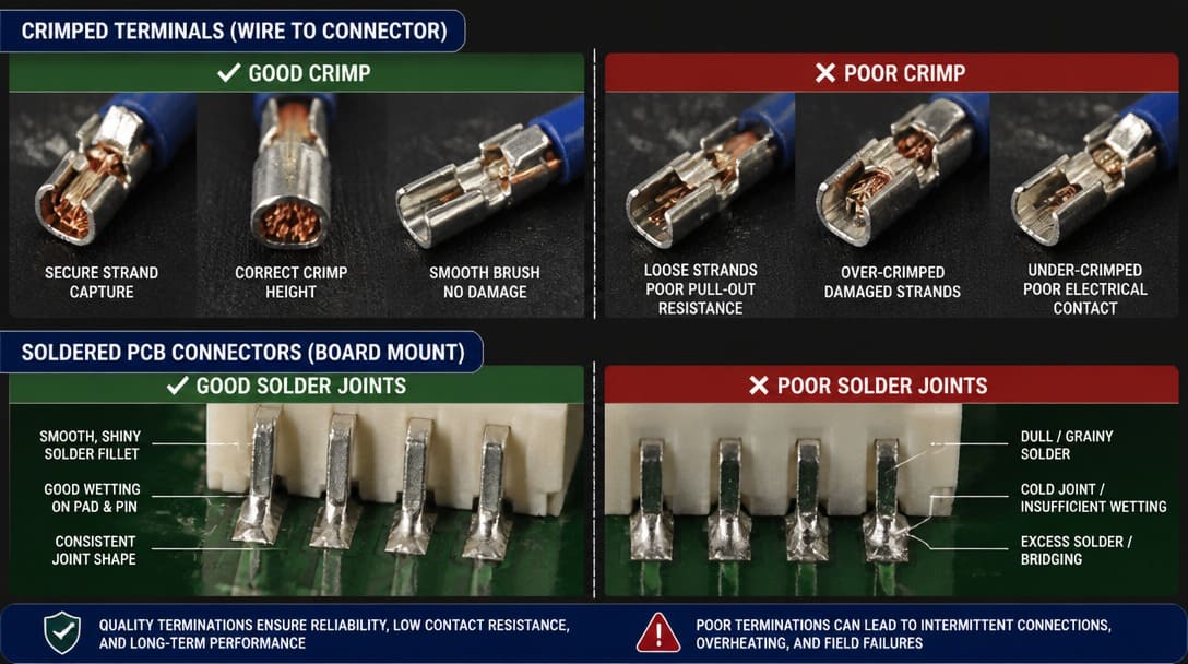 Crimped terminals and a soldered PCB connector showing termination quality comparison