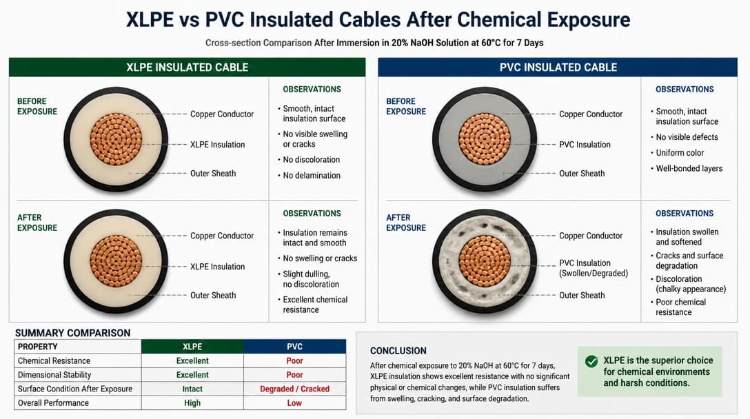 Cross-section comparison of XLPE and PVC insulated cables after chemical exposure testing