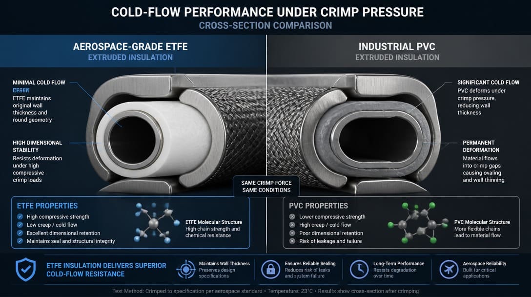Cross-section comparison of aerospace-grade ETFE insulation versus industrial PVC showing cold-flow deformation under crimp p