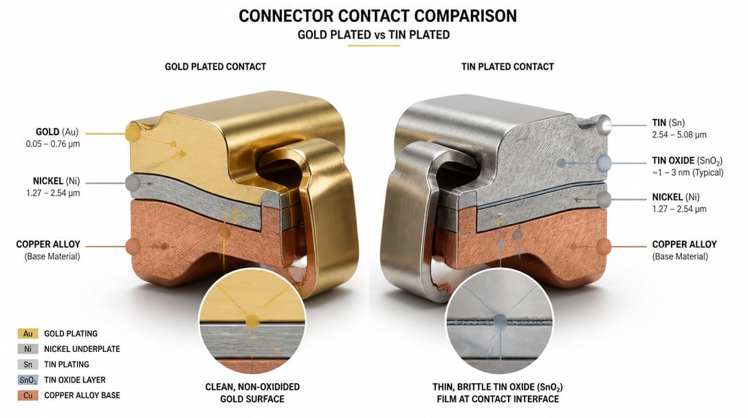 Cross-section comparison of gold and tin plated connector contacts showing oxide layer differences