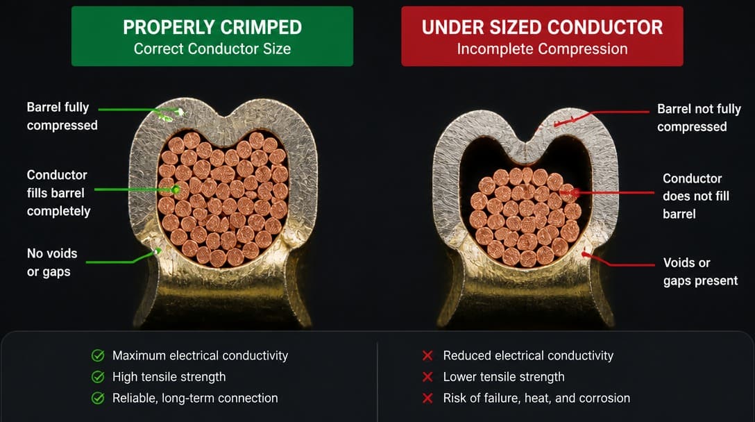 Cross-section comparison of properly crimped terminal barrel versus undersized conductor showing incomplete compression