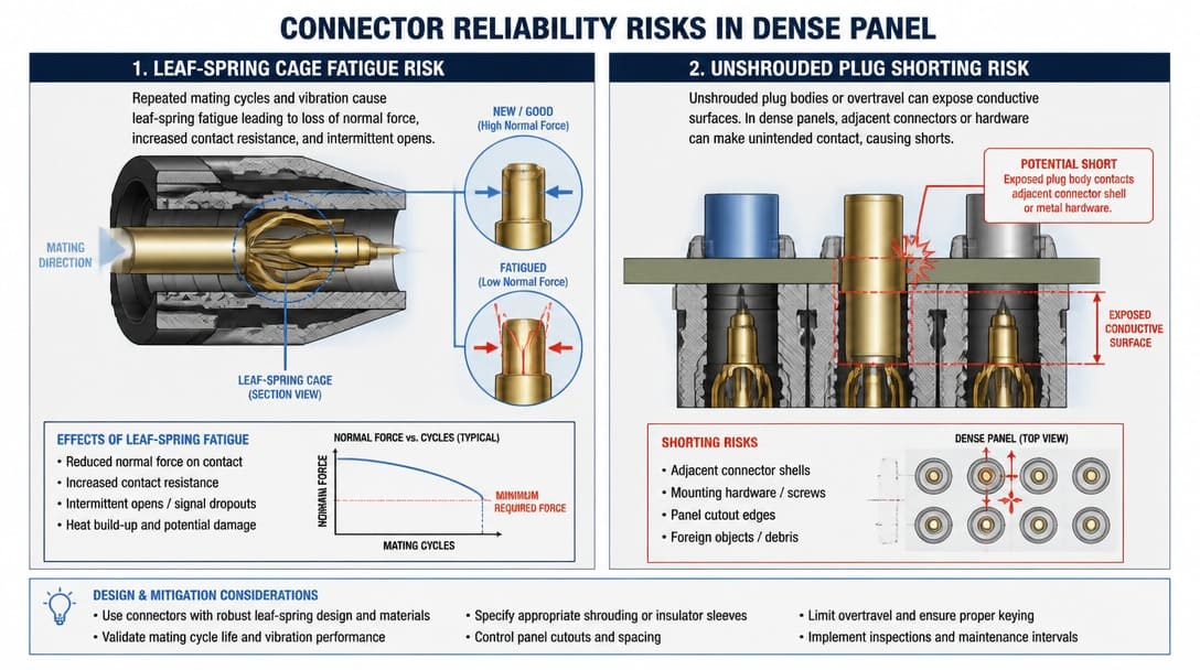 Cross-section diagram showing leaf-spring cage fatigue and unshrouded plug shorting risk in a dense panel