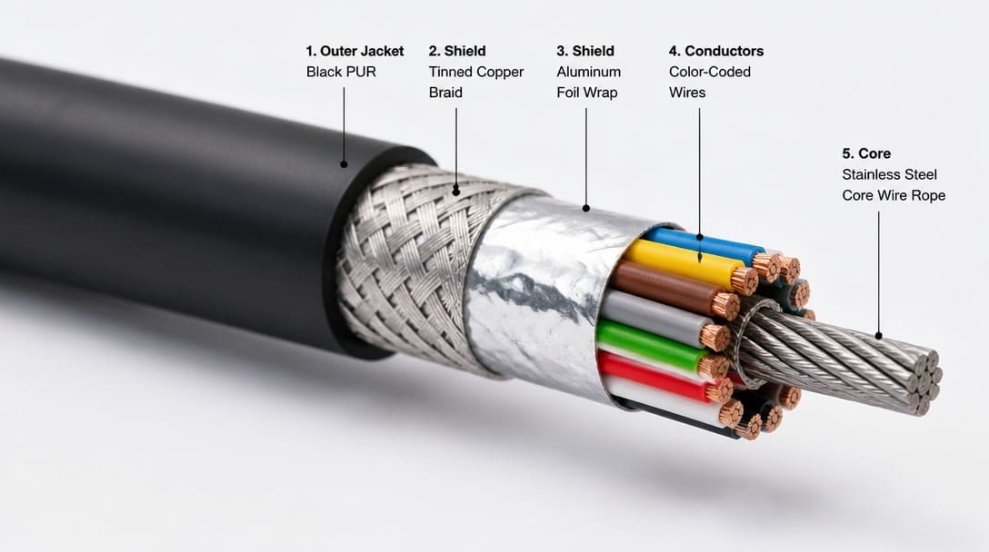 Cross-section examples of foil, braid, and combined foil-plus-braid shielding layers in cable assemblies
