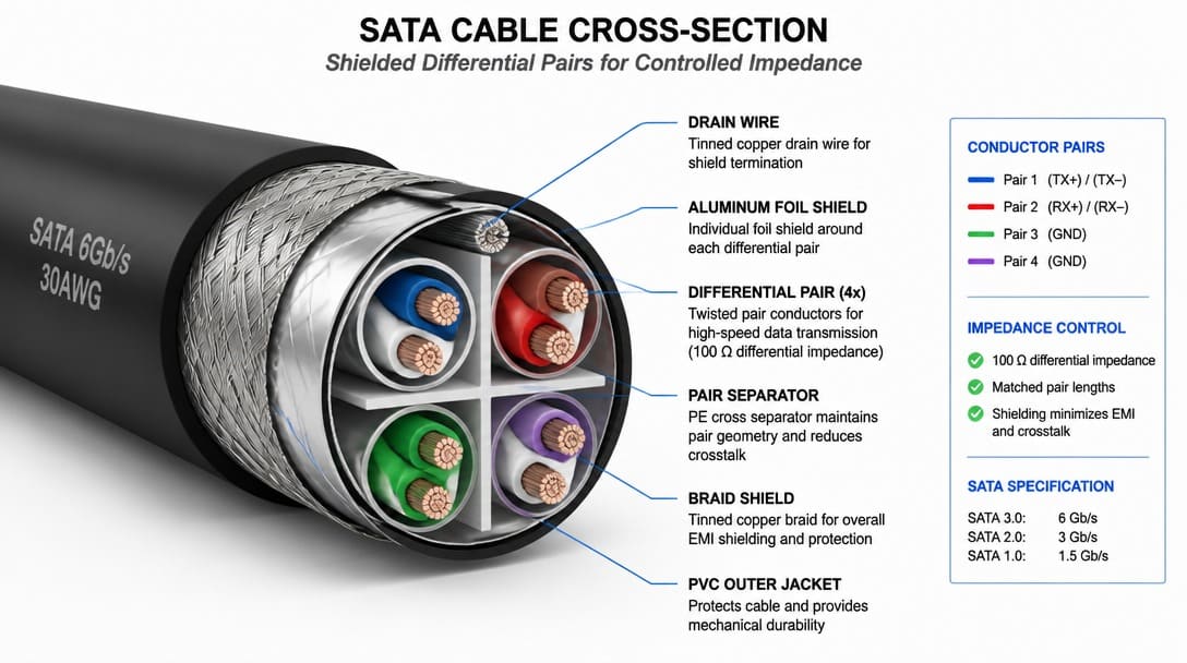 Cross-section of SATA cable showing conductor pairs and shielding for impedance control