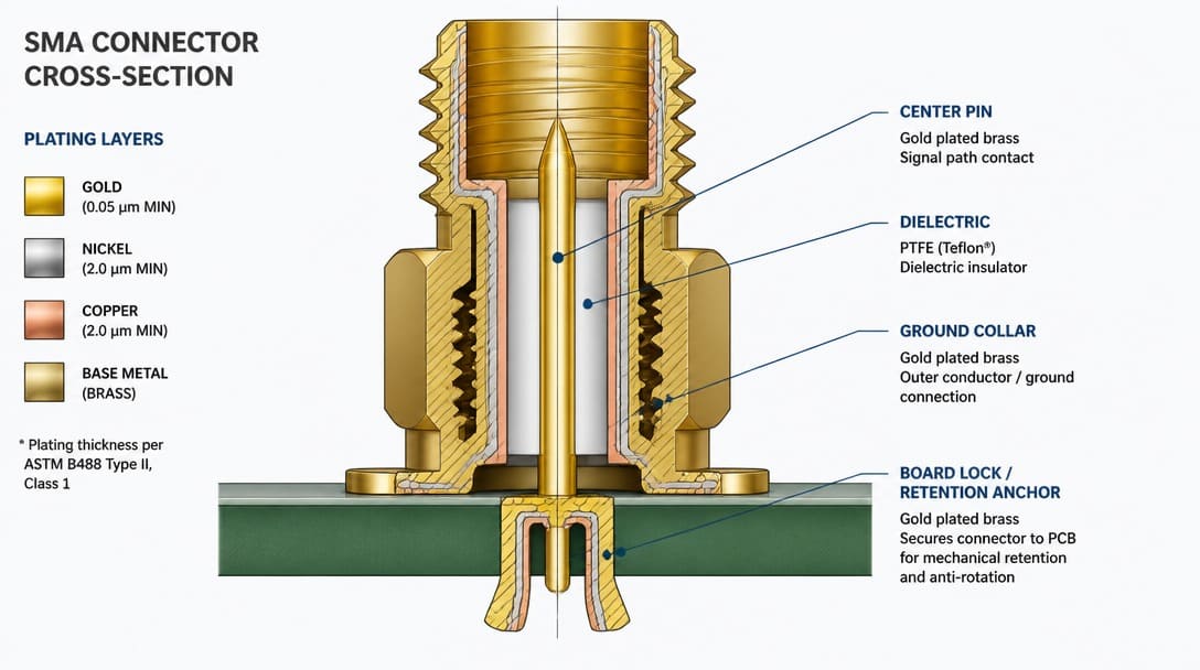 Cross-section of SMA connector showing plating layers, center pin, dielectric, ground collar, and board lock retention anchor