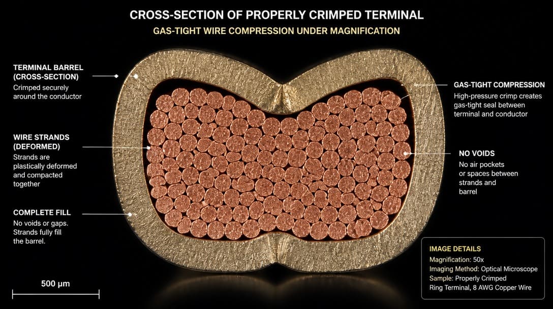 Cross-section of a properly crimped terminal showing gas-tight wire compression under magnification