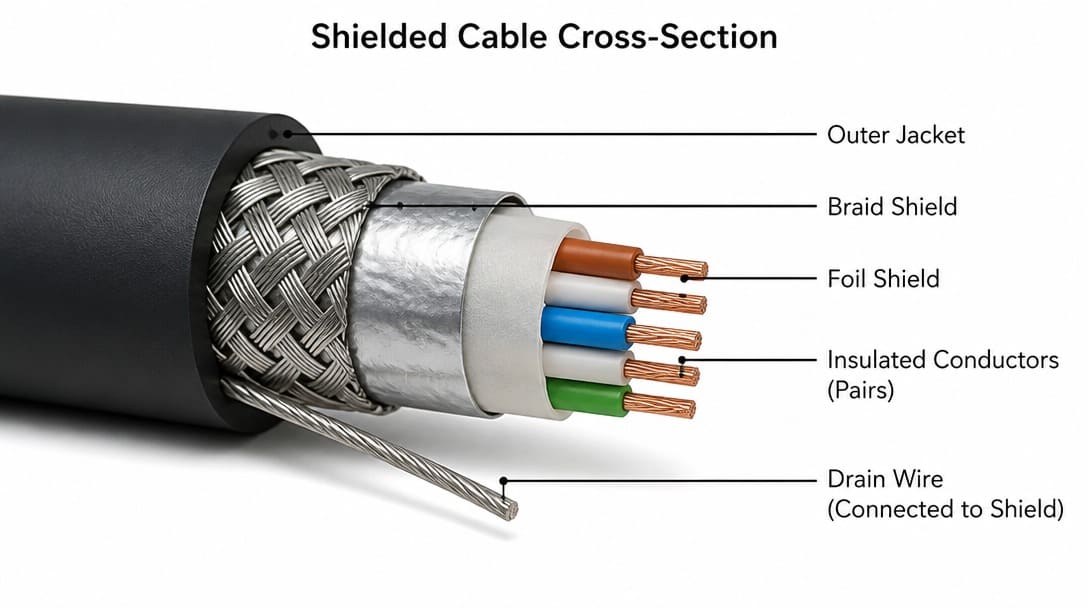 Cross-section of a shielded cable showing foil and braid layers with drain wire