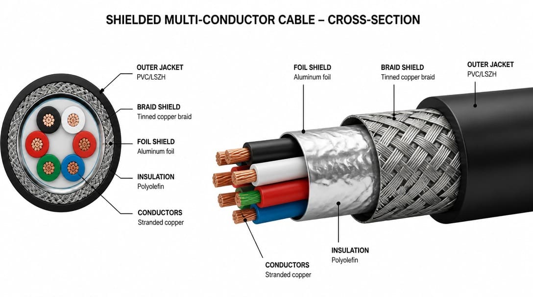 Cross-section of a shielded multi-conductor cable showing foil, braid, and outer jacket layers
