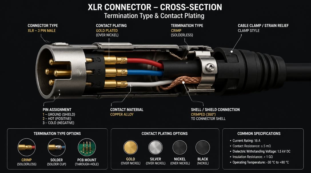 Cross-section of an XLR connector highlighting termination type and contact plating