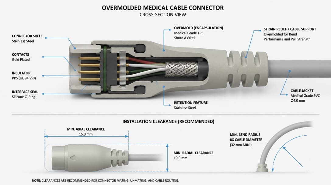 Cross-section of an overmolded medical cable connector showing encapsulation and installation clearance