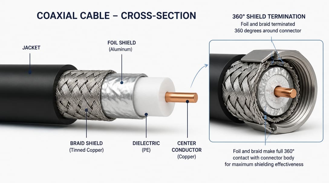 Cross-section of coaxial cable showing foil and braid shielding layers with 360-degree termination