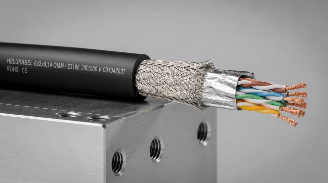 Cross-section of robotic cable assembly showing foil and braid shielding layers around twisted signal pairs