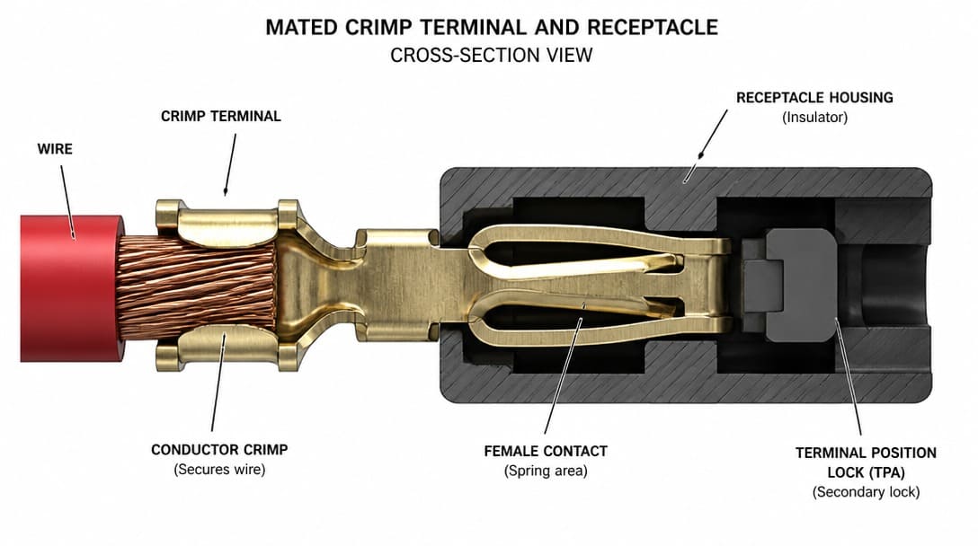 Cross-section view of a mated crimp terminal and receptacle