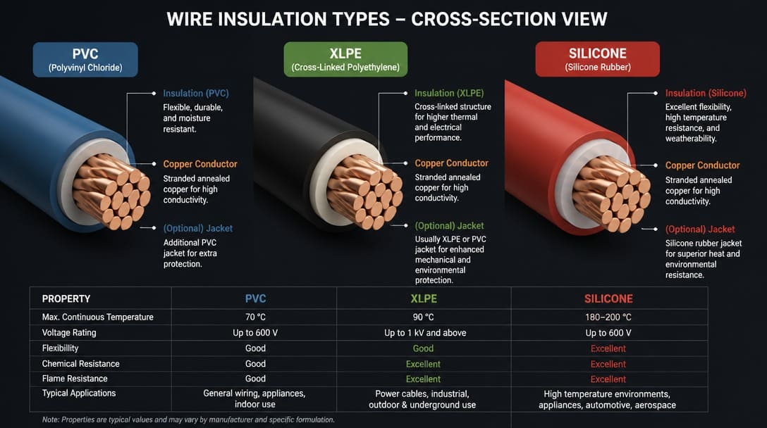 Cross-section view of different wire insulation types including PVC, XLPE, and silicone