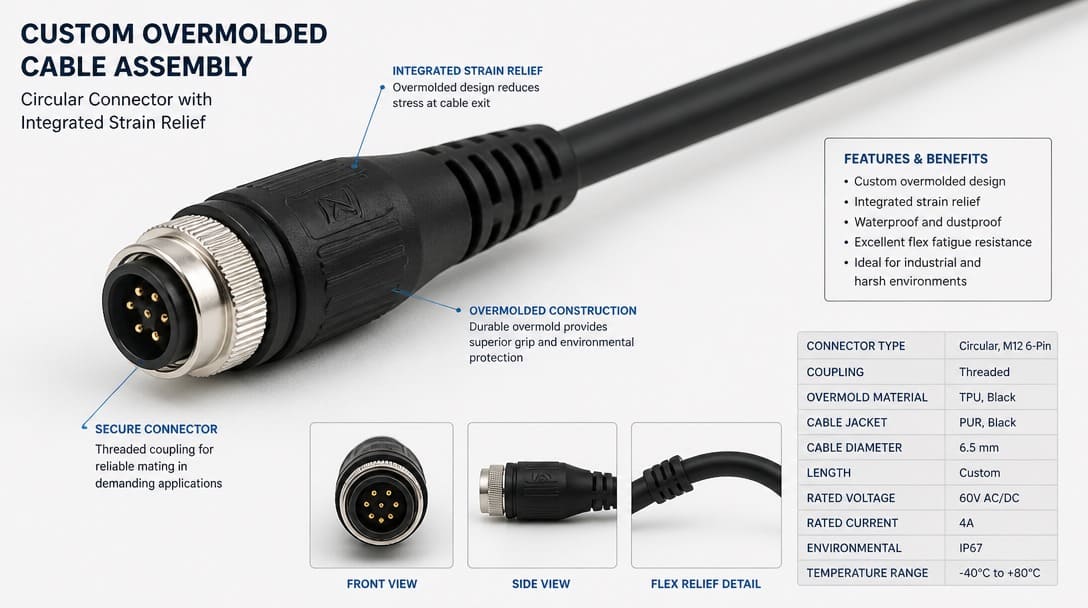 Custom overmolded cable assembly with circular connector and integrated strain relief