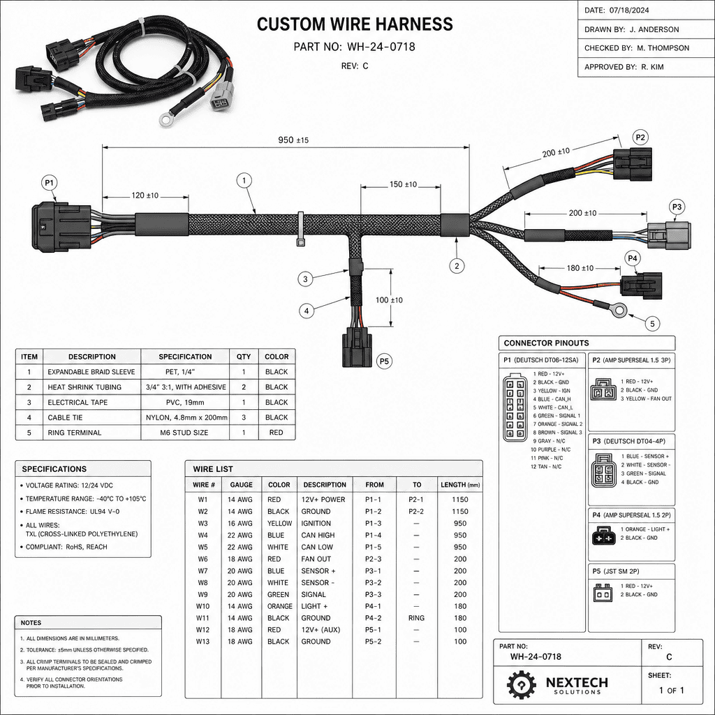 Multi-conductor cable assembly example Custom wire harness with complex specifications