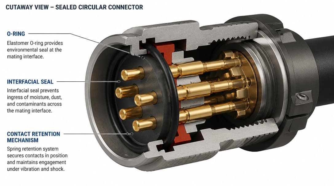 Cutaway view of a sealed circular connector showing O-ring, interfacial seal, and contact retention mechanism