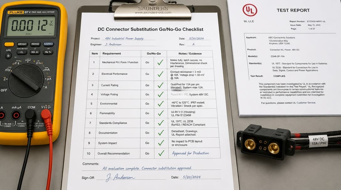DC substitution go/no-go checklist with test report and approved sample