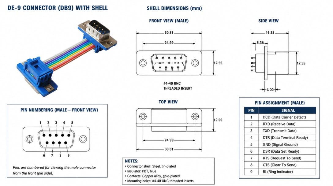 DE 9 connector with shell dimensions and pin numbering diagram