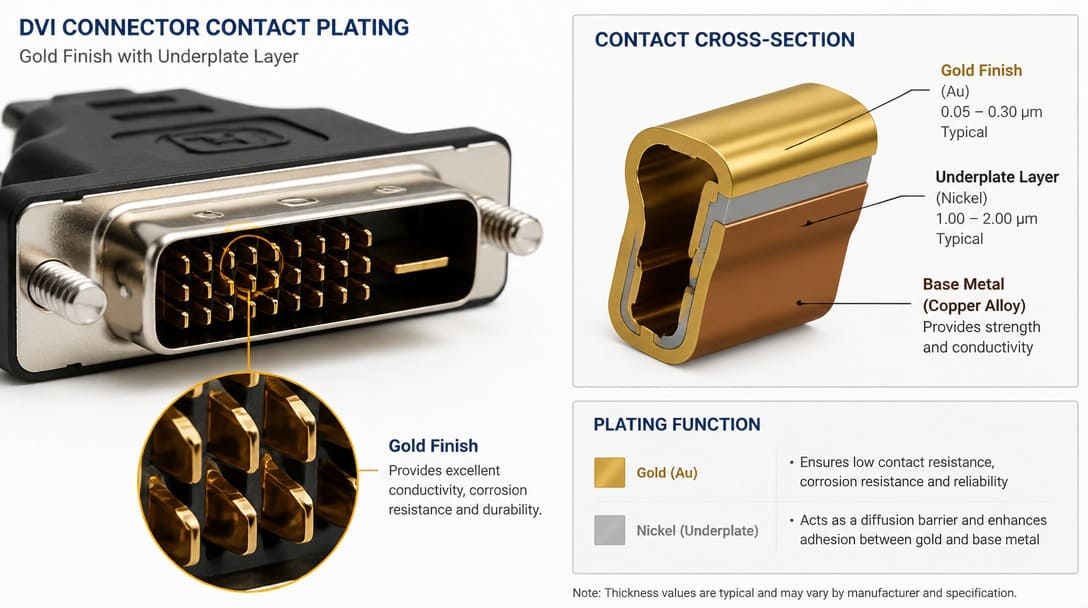 DVI connector contact plating showing gold finish and underplate layer