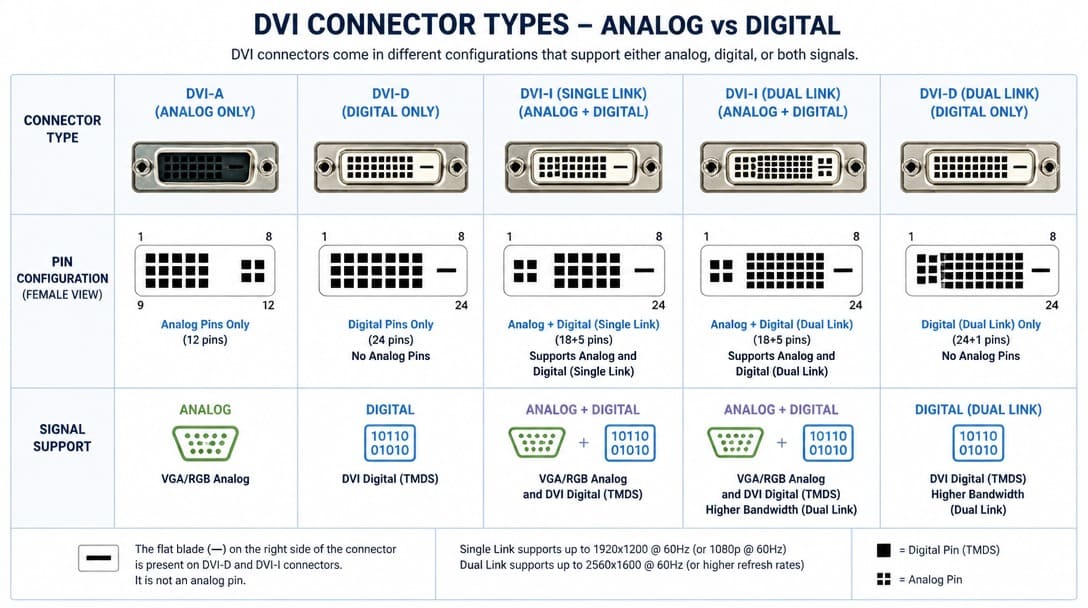 DVI connector types comparison showing analog and digital pin configurations