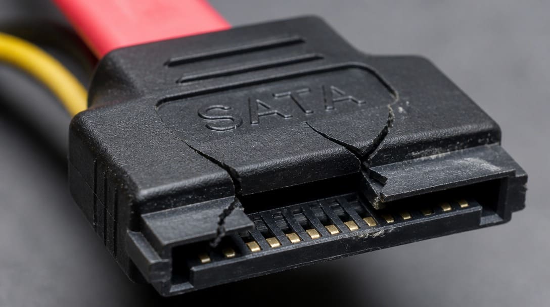 Damaged SATA connector housing with visible cracks from repeated mating