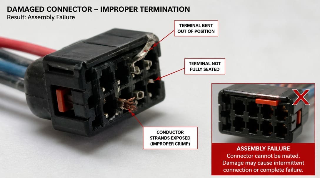 Damaged connector showing improper termination causing assembly failure