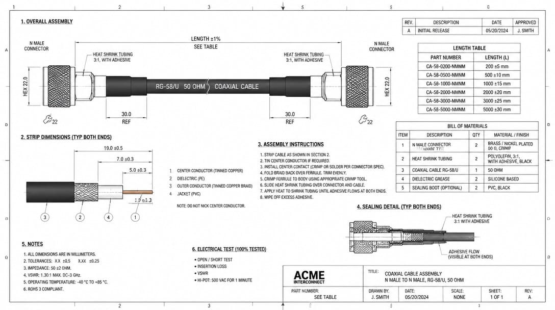 Detailed engineering drawing for coaxial cable assembly with strip dimensions and sealing callouts