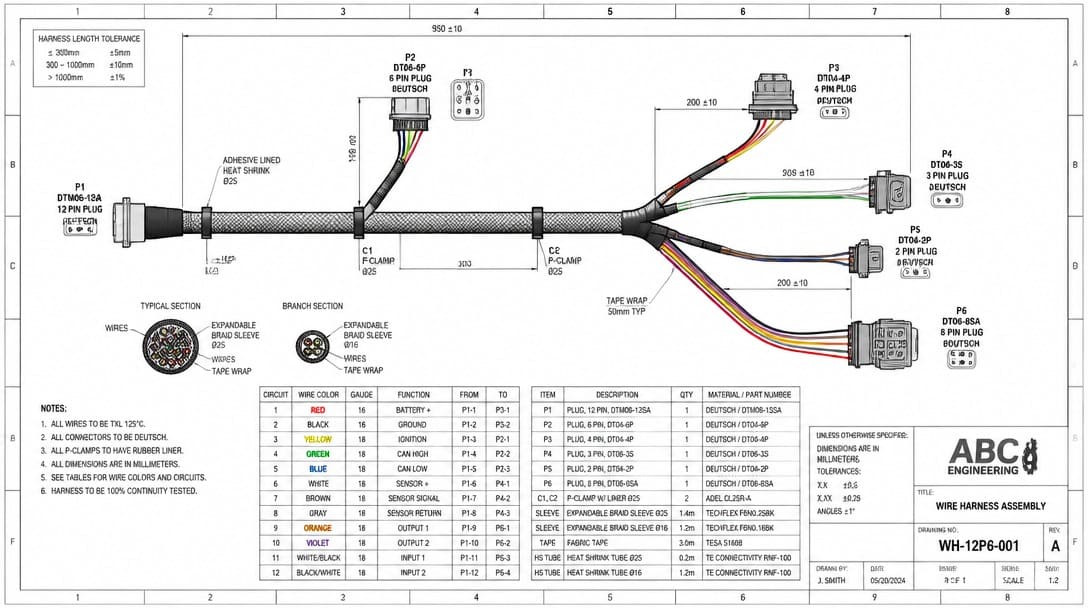 Detailed engineering drawing of a wire harness showing multiple breakouts and connector labels