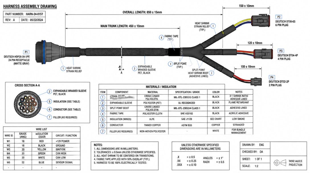 Detailed harness drawing with strain relief, routing, and insulation material callouts highlighted