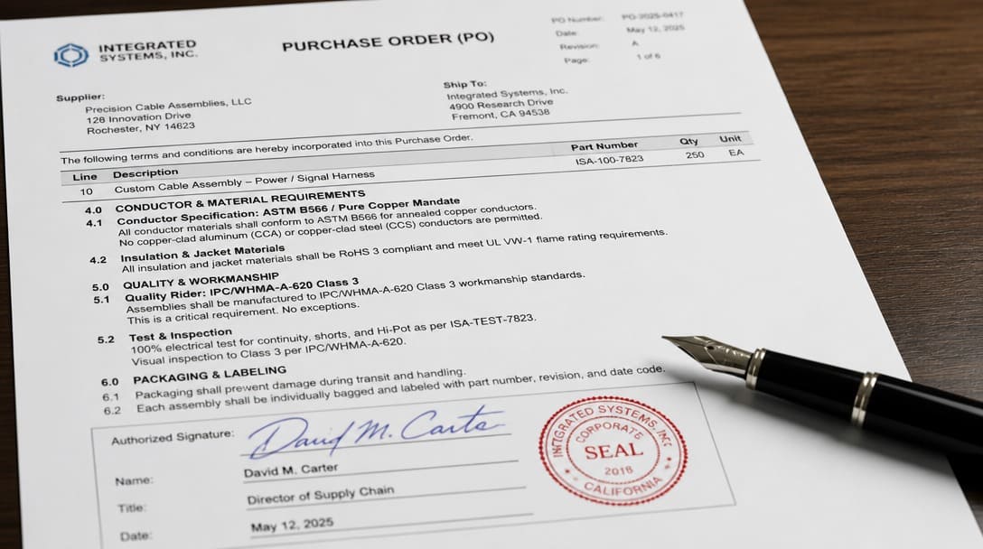 Documented purchase order sign-off with CCA conditions and required verification evidence marked