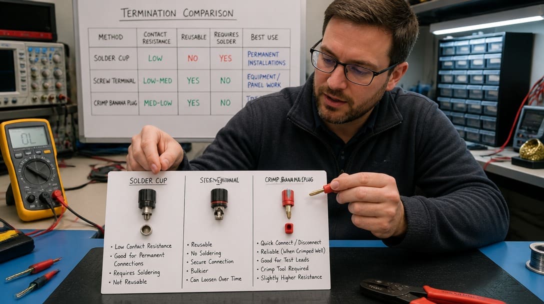 Engineer comparing solder cup, screw terminal, and crimp banana plug terminations on a bench