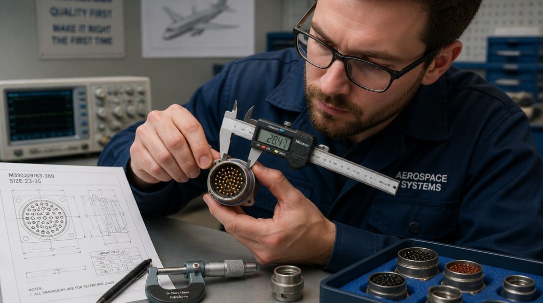 Engineer inspecting a multi-pin circular aerospace connector with measurement tools on a workbench