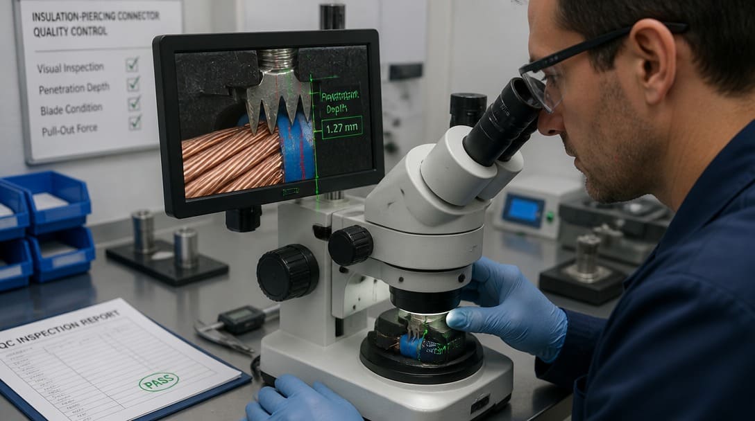 Engineer measuring insulation-piercing blade penetration depth with a microscope in a quality control lab