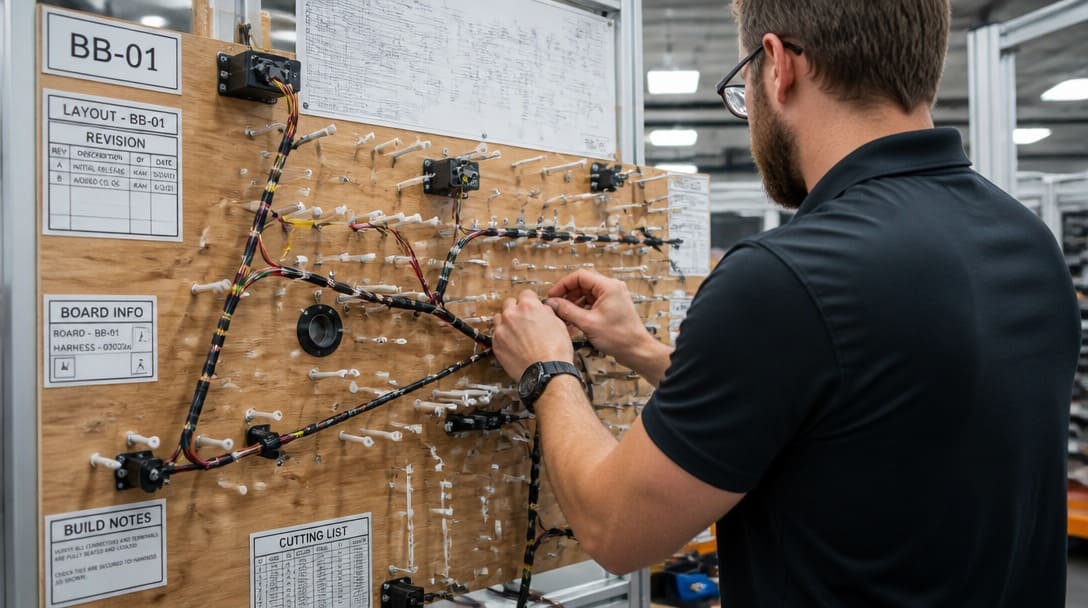 Engineer preparing a pre‑production wire harness sample on a build board