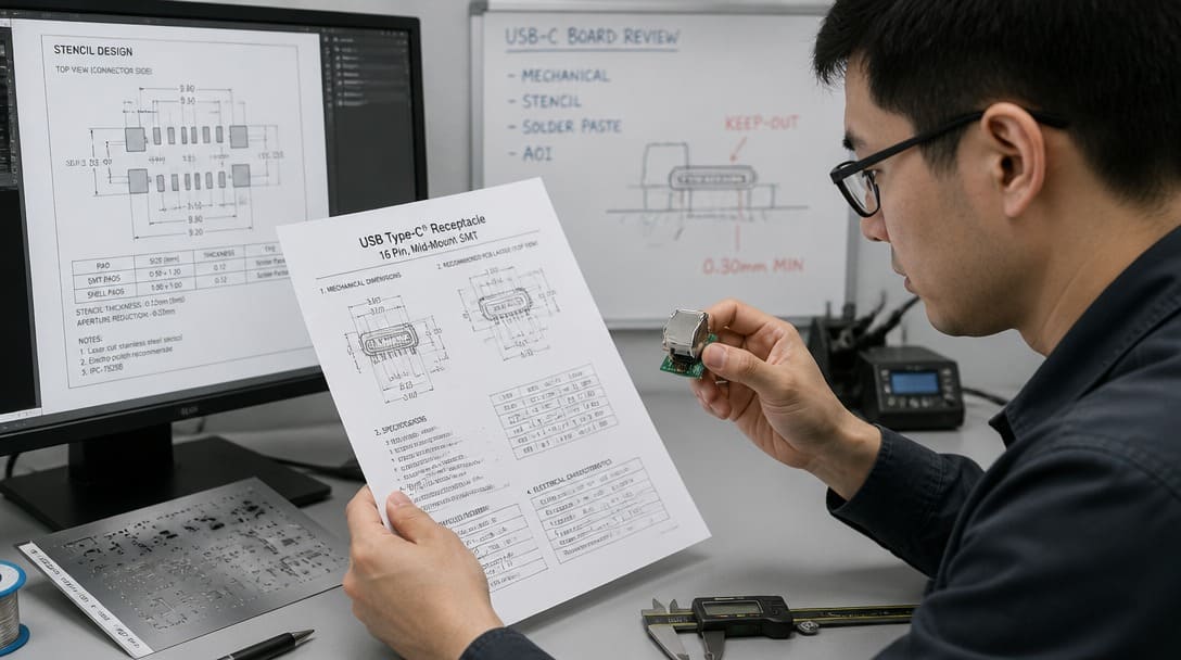 Engineer reviewing USB-C connector datasheet and stencil design with assembly sample in hand