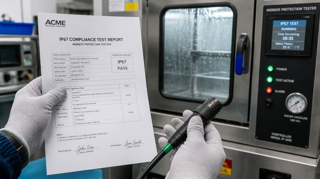 Engineer reviewing an IP67 rating certificate with a connector sample under a test chamber light
