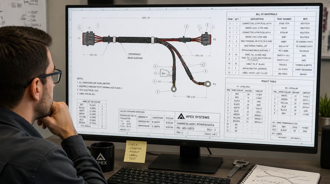 Engineer reviewing harness drawing on large monitor with BOM and pinout table