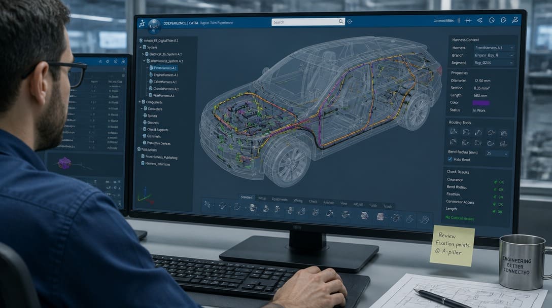Engineer using digital twin software to design a wire harness routing in a vehicle CAD model