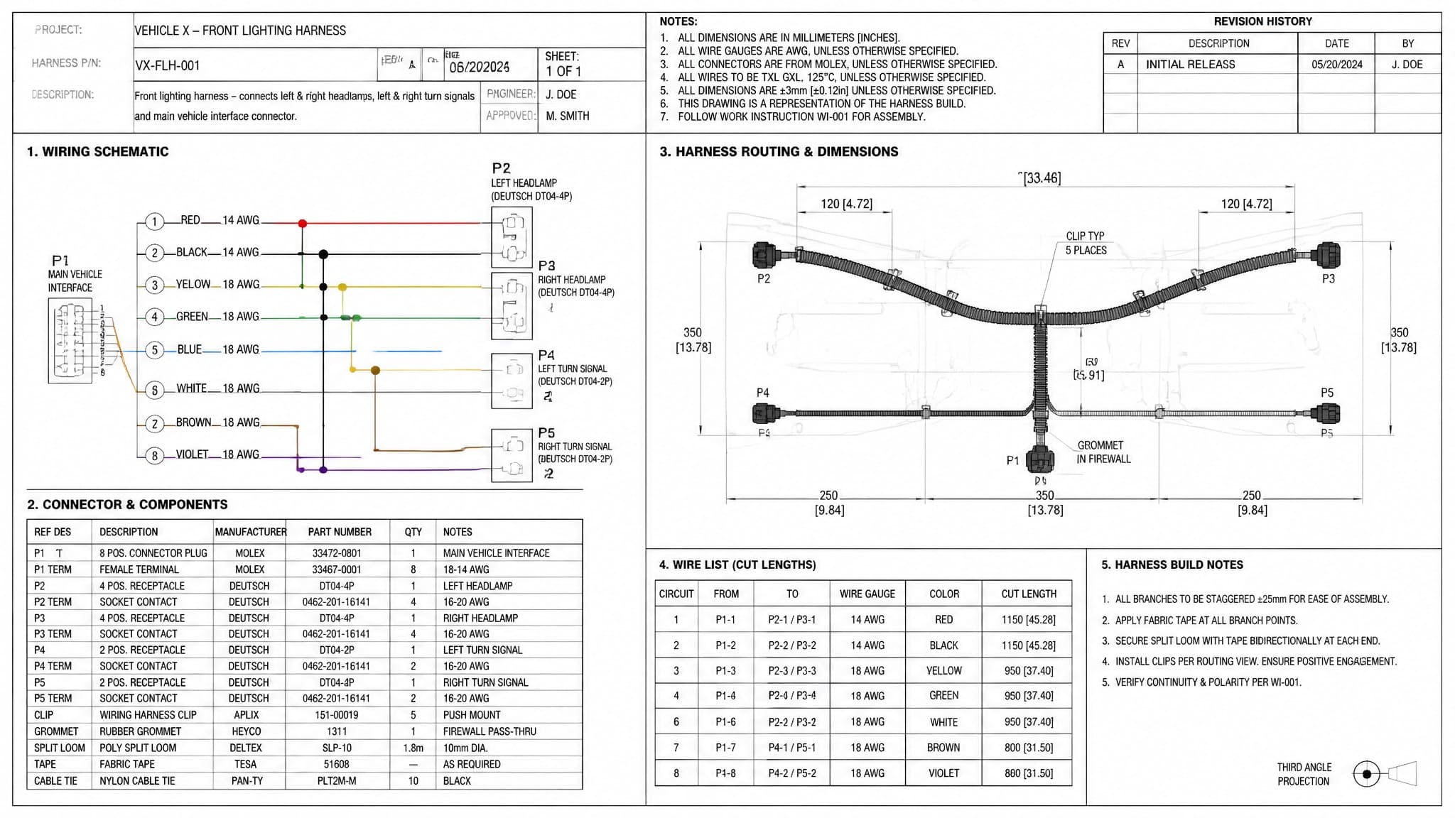 Engineering specification package for wiring harness including schematic, connector part numbers, and routing dimensions