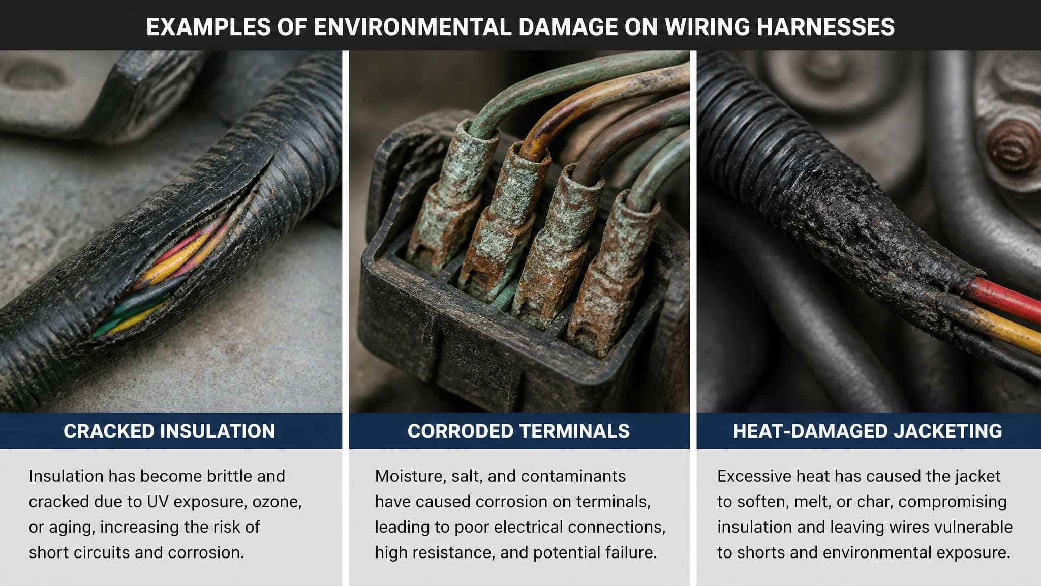 Examples of environmental damage on wiring harnesses: cracked insulation, corroded terminals, and heat-damaged jacketing