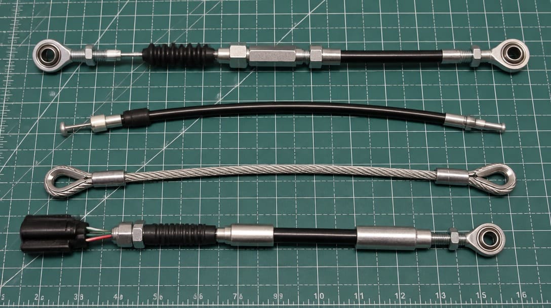 Examples of push-pull, Bowden, control, and wire rope mechanical cable assemblies with different end fittings and conduit sty