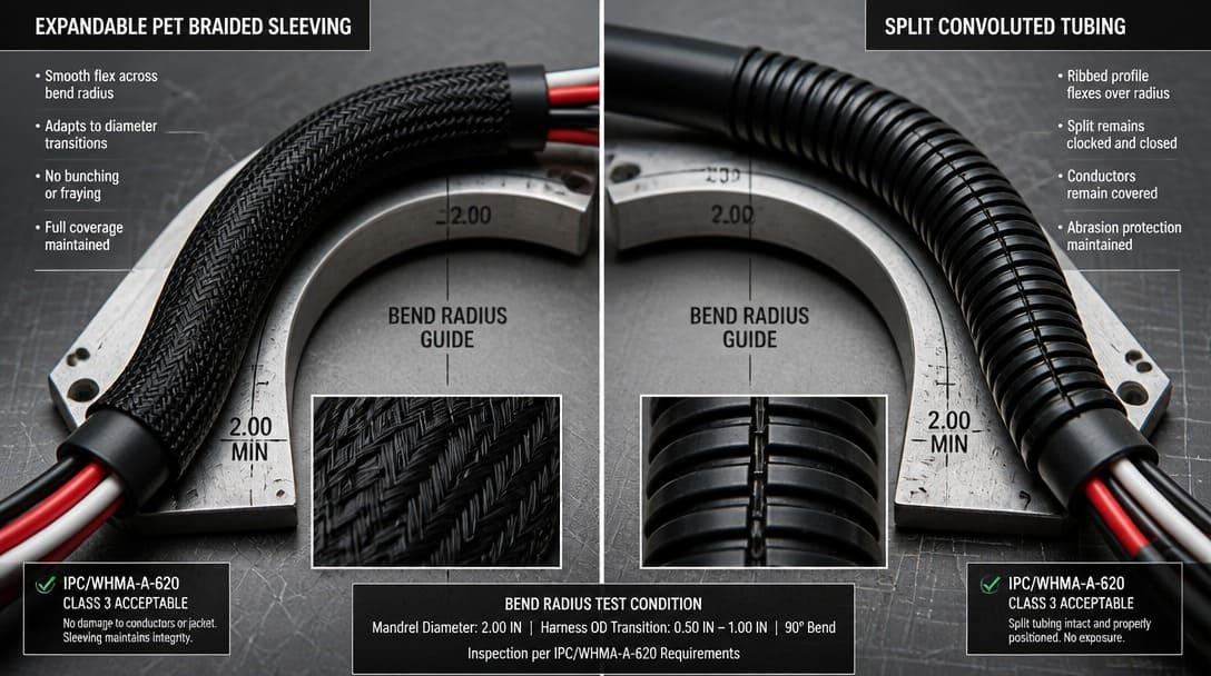 Expandable braided sleeving and split convoluted tubing installed on a wire harness bend section