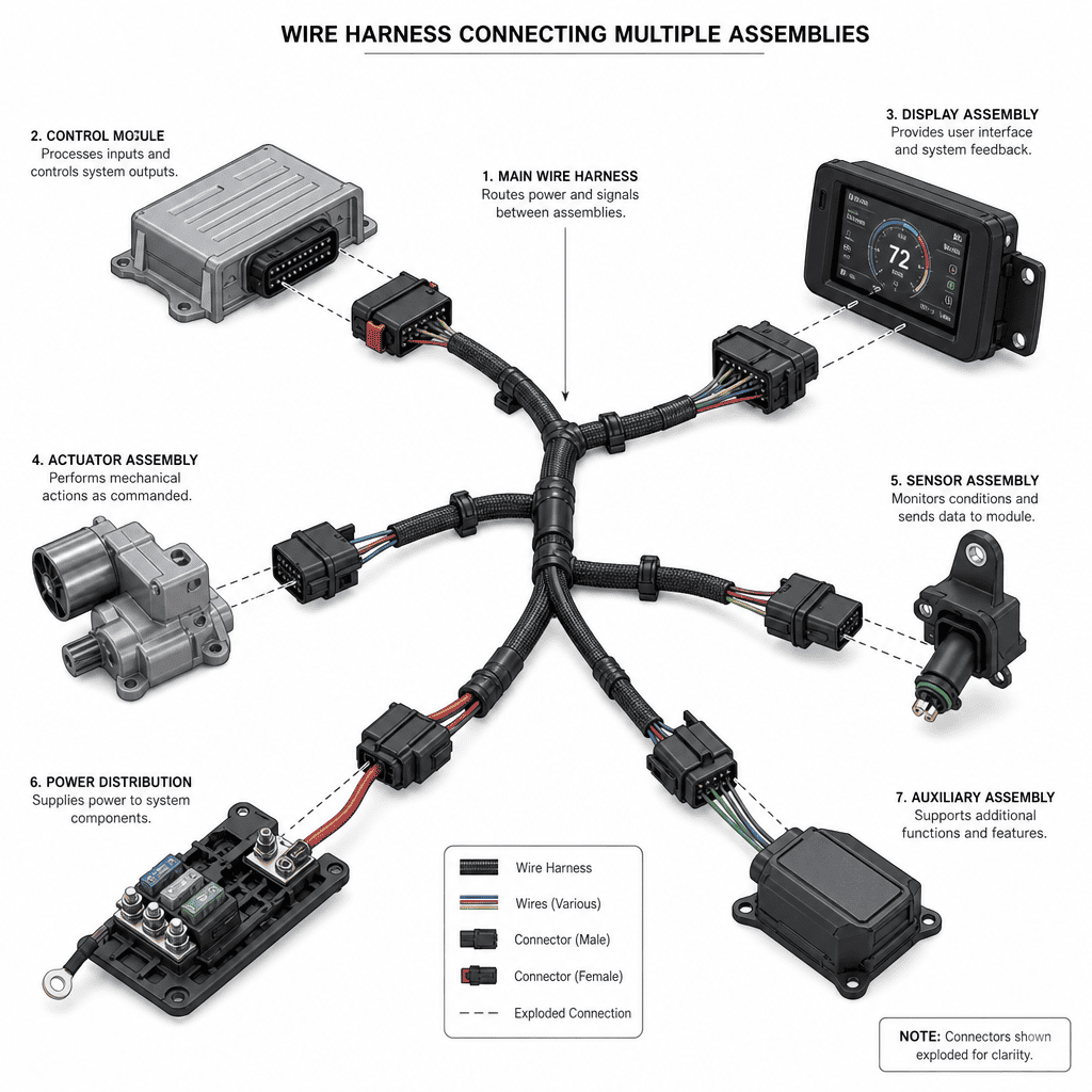 Wire harness as an interconnection component between sub-assemblies Exploded view showing wire harness connecting multiple assemblies