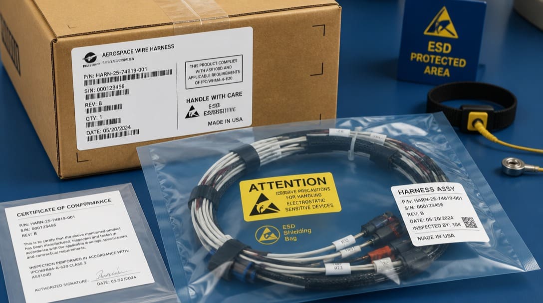 Export-ready aerospace wire harness secured in ESD-protective packaging with barcode-labeled carton